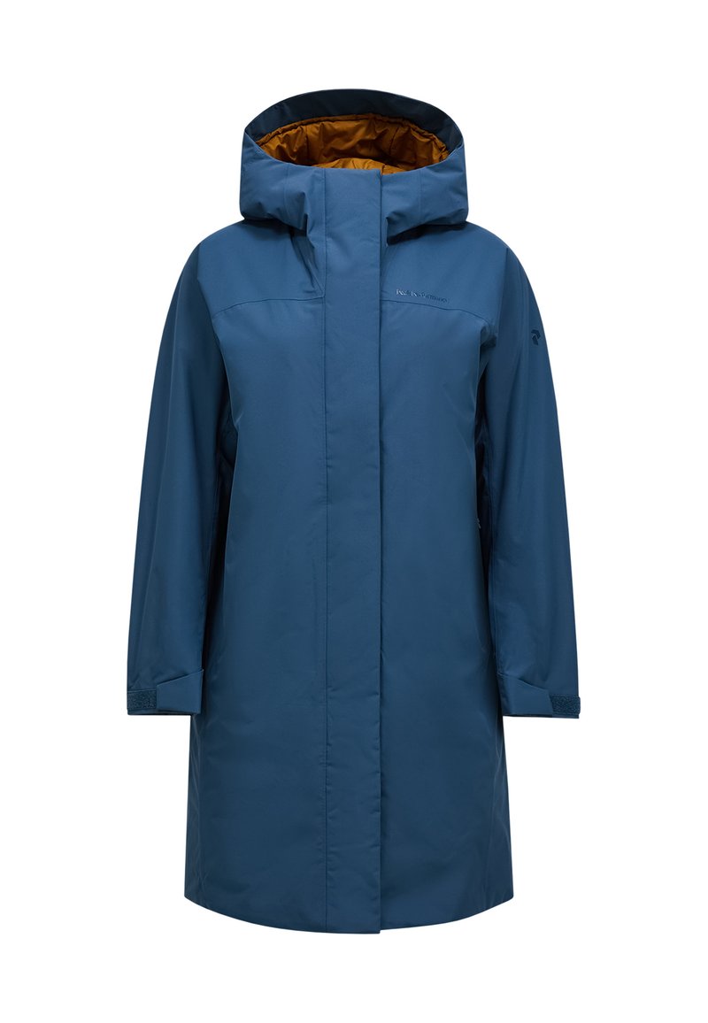 Wasserfester blauer Parka mit Kapuze, ausgestattet mit einem kontrastierenden orangefarbenen Innenfutter, langen Ärmeln und Druckknopfverschluss an den Bündchen.