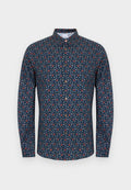 Marineblaue langärmelige Hemdbluse mit kleinem, mehrfarbigem geometrischem Muster und Holzknöpfen.