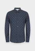 Marineblaue langärmelige Hemdbluse mit kleinem, mehrfarbigem geometrischem Muster und Holzknöpfen.