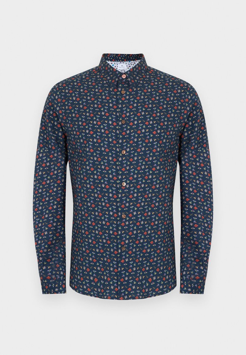 Marineblaue langärmelige Hemdbluse mit kleinem, mehrfarbigem geometrischem Muster und Holzknöpfen.