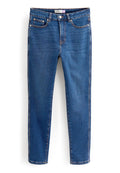 Hautenge blaue Jeans aus Denim. Verfügt über fünf Taschen, einen Knopfverschluss und kontrastierende Nähte entlang der Seitennähte.