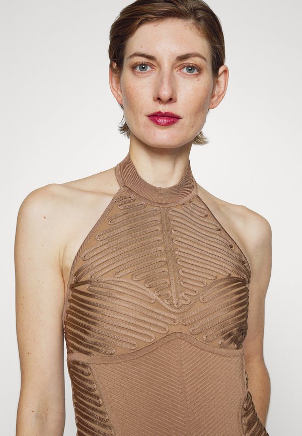 Hervé Léger LAW ROACH RIBBON EMBROIDERED HALTER GOWN