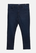 Dunkelblaue Jeans aus Denim mit geradem Bein, fünf Taschen, Knopfverschluss und dezenter Ausbleichung an den Oberschenkeln.