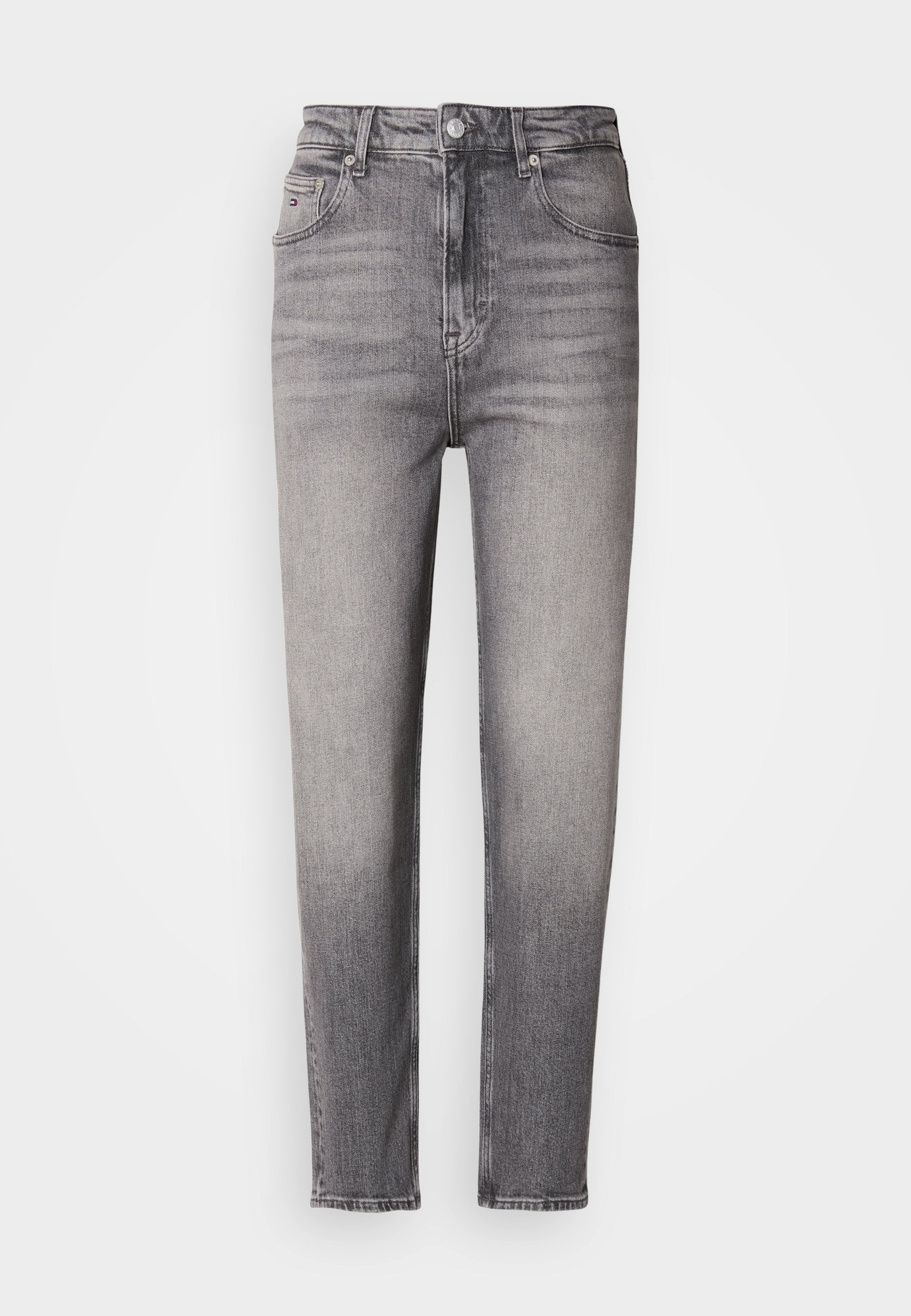 Hochtaillierte, schlank geschnittene graue Jeans mit ausgewaschenen Details, Knopfverschluss vorne, Gürtelschlaufen und Fünf-Taschen-Design auf einem weißen Hintergrund.