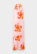 Ärmelloses Maxikleid aus weichem pinkfarbenem Stoff, mit großen, lebhaften orange- und roten Blumenmustern. Halterneck-Design mit einem Schlüsselloch-Ausschnitt auf der Rückseite.