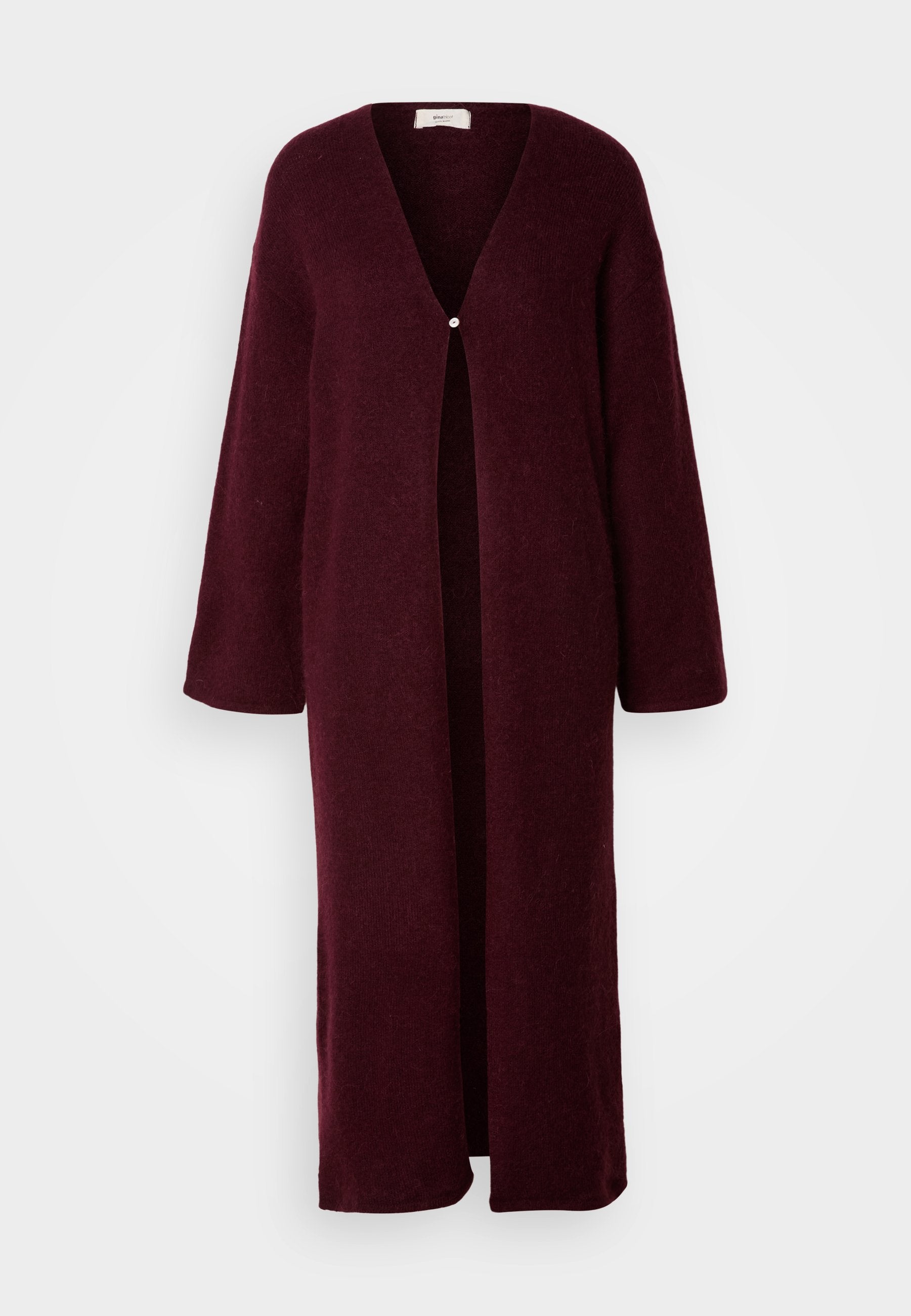 Burgunderfarbener Cardigan mit offenen Vorderseite, langen Ärmeln und einem einzigen Perlenknopfverschluss, aus weichem Strickmaterial gefertigt und mit einer lockeren Passform.