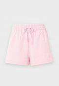 Hellrosa Shorts mit elastischem Bund, Kordelzug und dezentem Ton-in-Ton-Logo am unteren linken Bein.