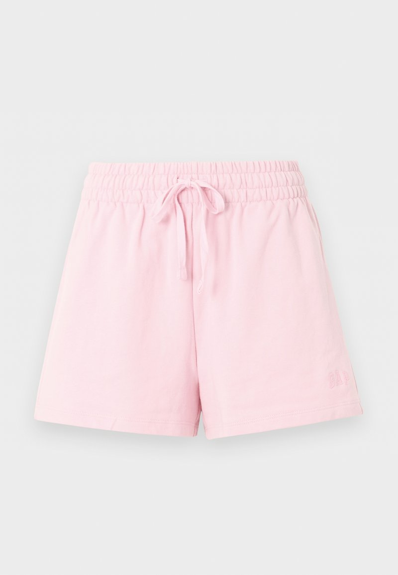 Hellrosa Shorts mit elastischem Bund, Kordelzug und dezentem Ton-in-Ton-Logo am unteren linken Bein.