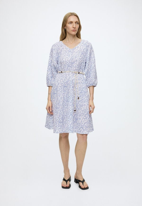 TOM TAILOR DRESS LINEN WITH PUFF SLEEVES - Day dress - white small leaves design