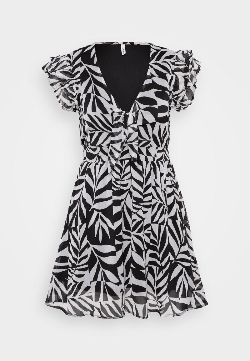 Schwarz-weißes Kleid mit Blattmustern, kurzen Rüschensäumen, tiefem V-Ausschnitt und einer taillierten Taille, aus leichtem Stoff gefertigt.