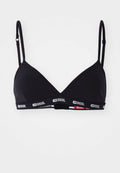 Schwarzer Triangel-Bralette mit dünnen verstellbaren Trägern und einem elastischen Bund, der das Diesel-Logo in Weiß und roten Akzenten trägt.