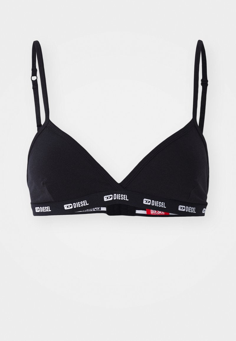 Schwarzer Triangel-Bralette mit dünnen verstellbaren Trägern und einem elastischen Bund, der das Diesel-Logo in Weiß und roten Akzenten trägt.