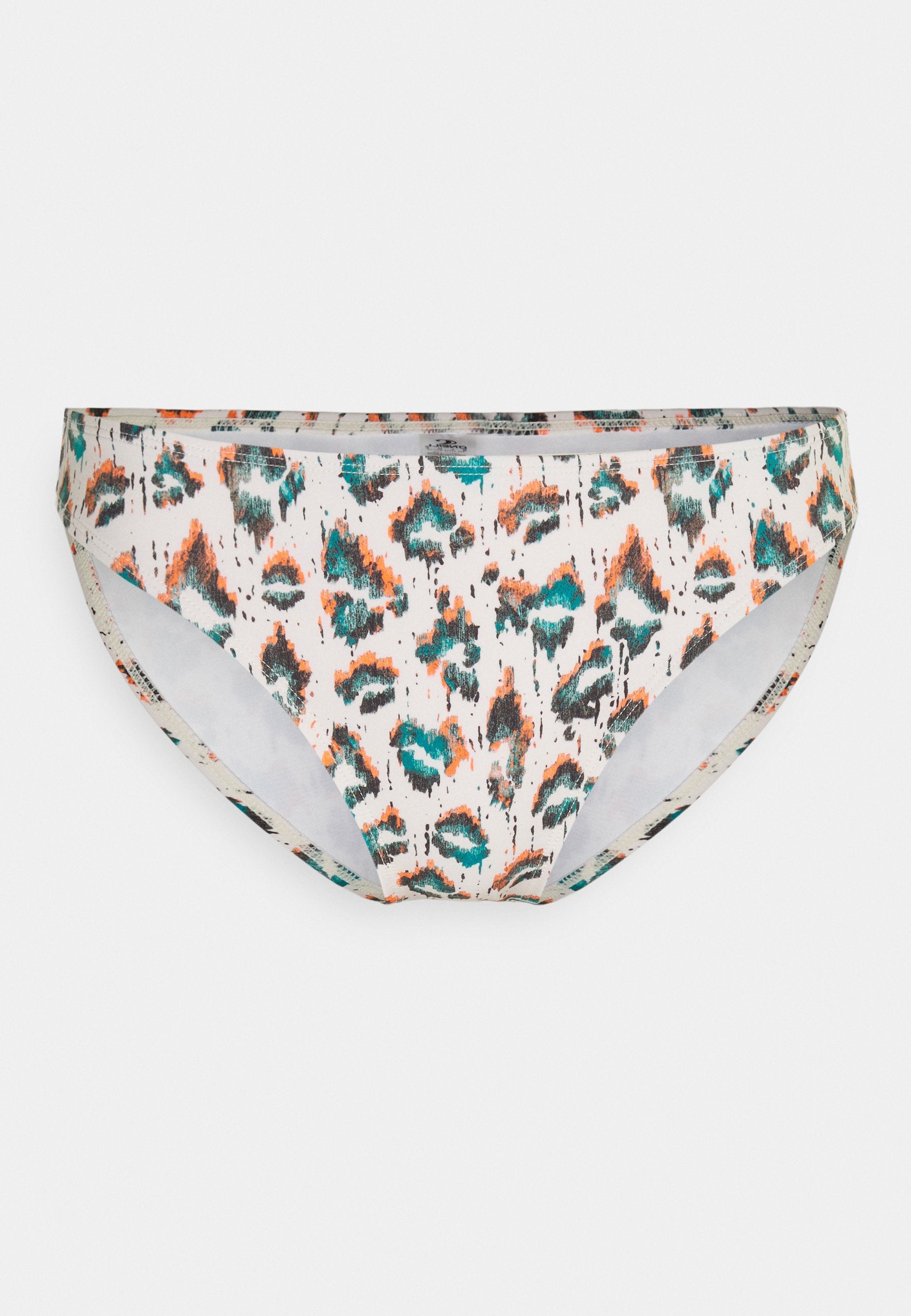 Bikini-Höschen im Leopardenmuster aus weichem, elastischem Stoff. Mit aqua-, orange- und schwarzen Akzenten auf einem hellen Hintergrund. Mittelhoher Schnitt.