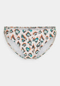 Bikini-Höschen im Leopardenmuster aus weichem, elastischem Stoff. Mit aqua-, orange- und schwarzen Akzenten auf einem hellen Hintergrund. Mittelhoher Schnitt.