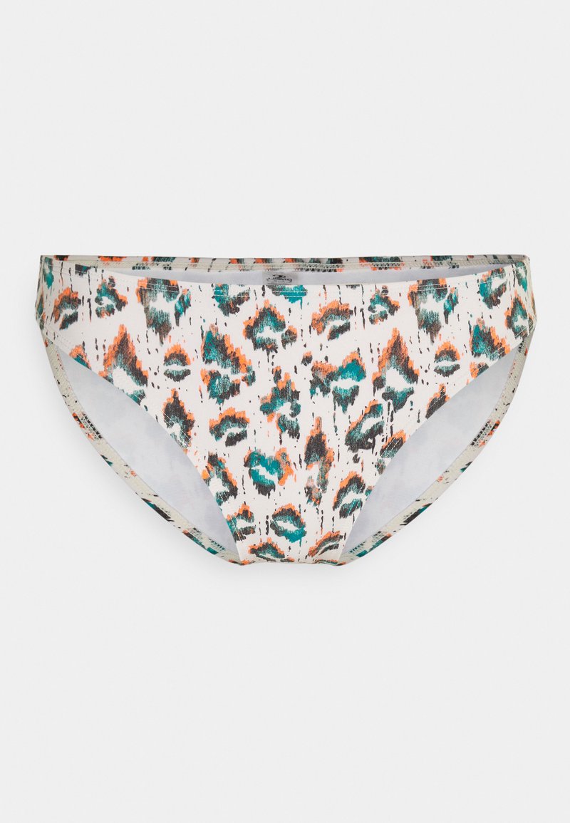 Bikini-Höschen im Leopardenmuster aus weichem, elastischem Stoff. Mit aqua-, orange- und schwarzen Akzenten auf einem hellen Hintergrund. Mittelhoher Schnitt.
