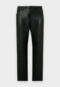 Schwarze Gerade geschnittene Hose aus Kunstleder mit Fronttaschen, Gürtelschlaufen und Knopfverschluss.
