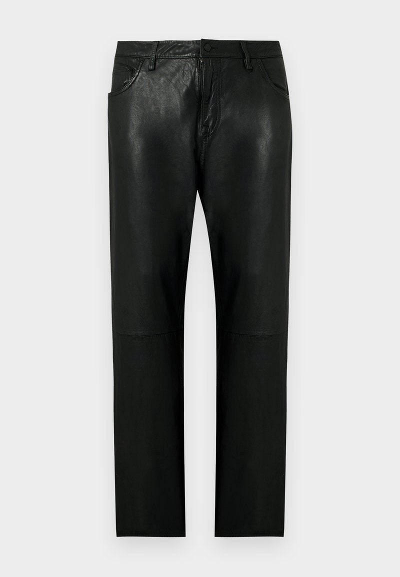 Schwarze Gerade geschnittene Hose aus Kunstleder mit Fronttaschen, Gürtelschlaufen und Knopfverschluss.
