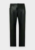 Schwarze Gerade geschnittene Hose aus Kunstleder mit Fronttaschen, Gürtelschlaufen und Knopfverschluss.