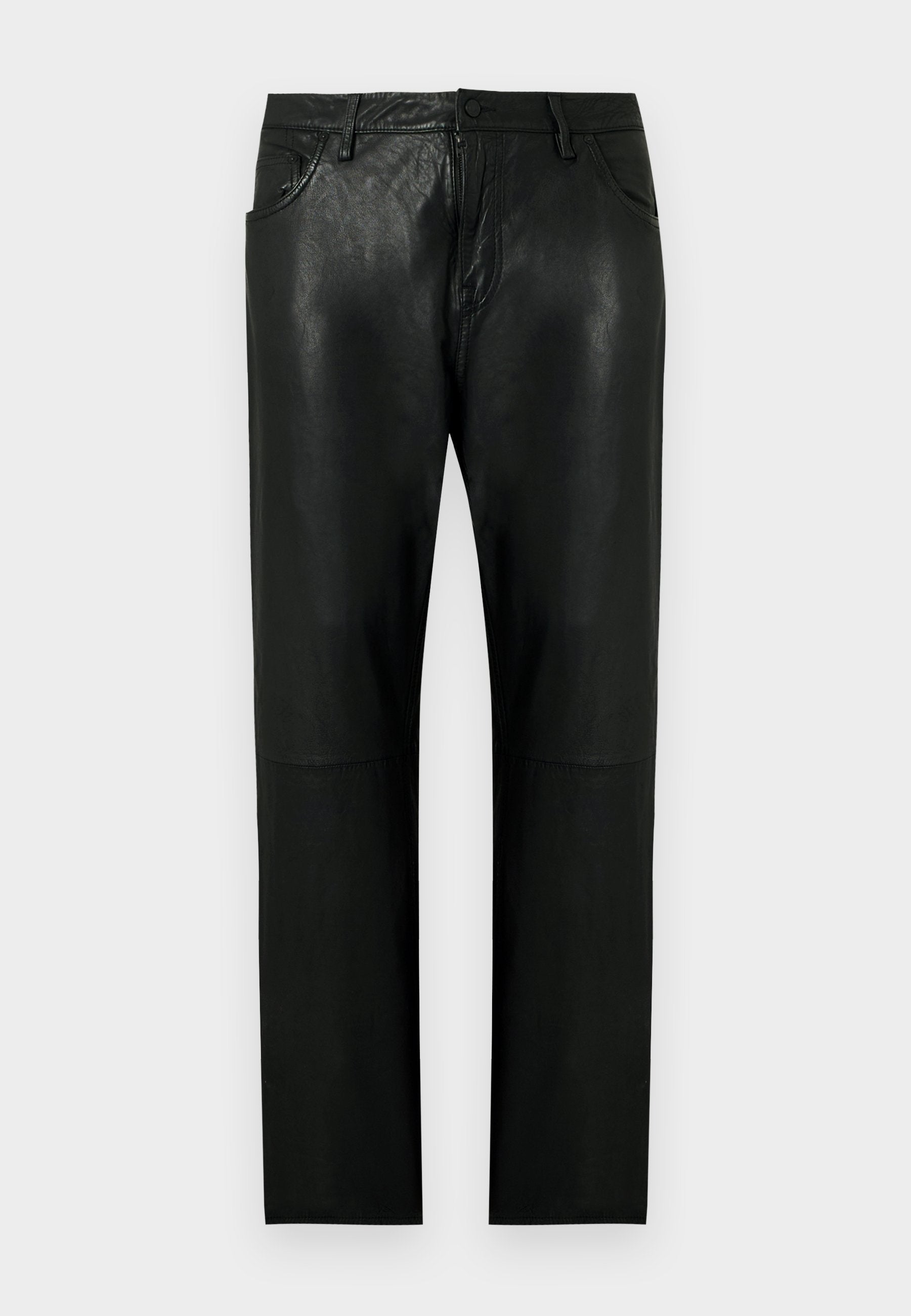 Schwarze Gerade geschnittene Hose aus Kunstleder mit Fronttaschen, Gürtelschlaufen und Knopfverschluss.