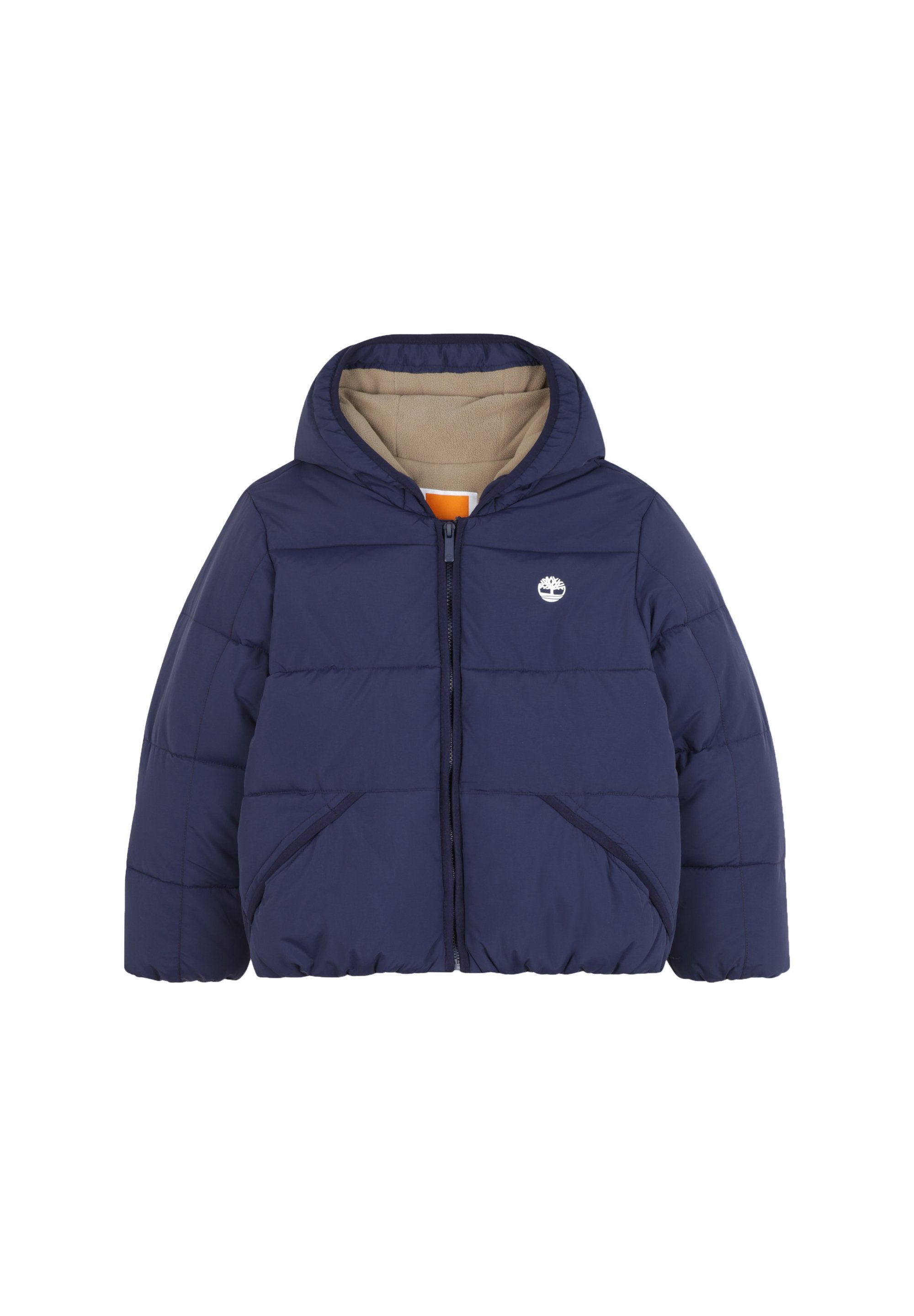 Dunkelblaue Steppjacke mit Kapuze, Reißverschluss und beigem Fleecefutter. Verfügt über gepolsterte Abschnitte und Seitentaschen. Timberland-Logo auf der Brust.