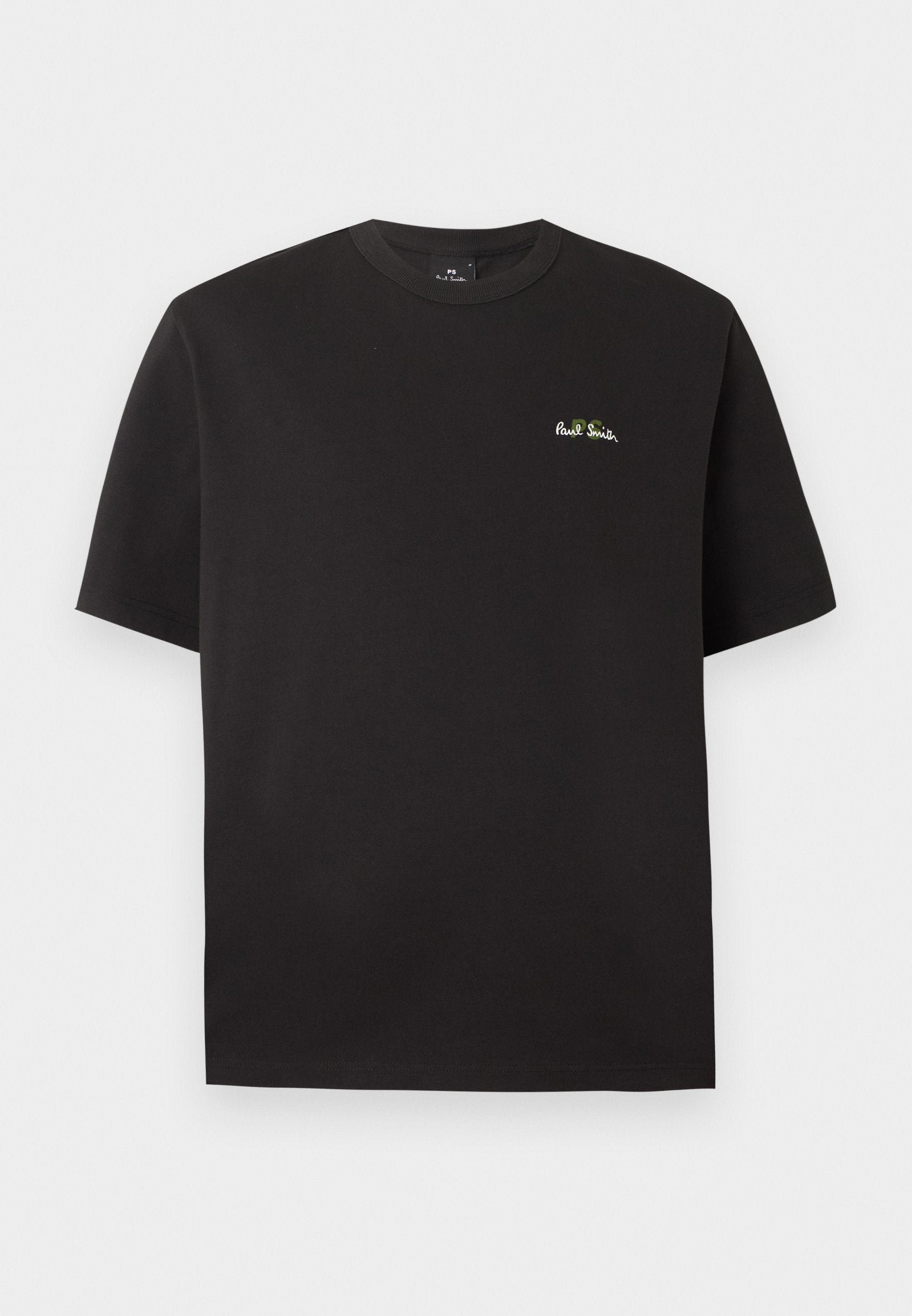 Schwarzes Kurzarm-T-Shirt mit Rundhalsausschnitt und kleinem weißen und grünen "Paul Smith"-Logo auf der linken Brust.