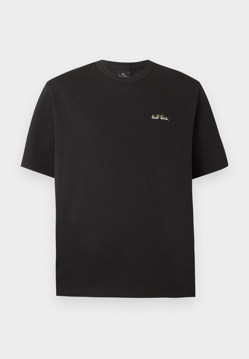 Schwarzes Kurzarm-T-Shirt mit Rundhalsausschnitt und kleinem weißen und grünen "Paul Smith"-Logo auf der linken Brust.