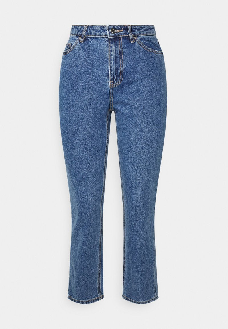 Blaue Jeans aus Denim mit geradem Schnitt und Knöchellänge, ausgestattet mit Knopf- und Reißverschluss, fünf Taschen und einem klassischen verwaschenen Look.