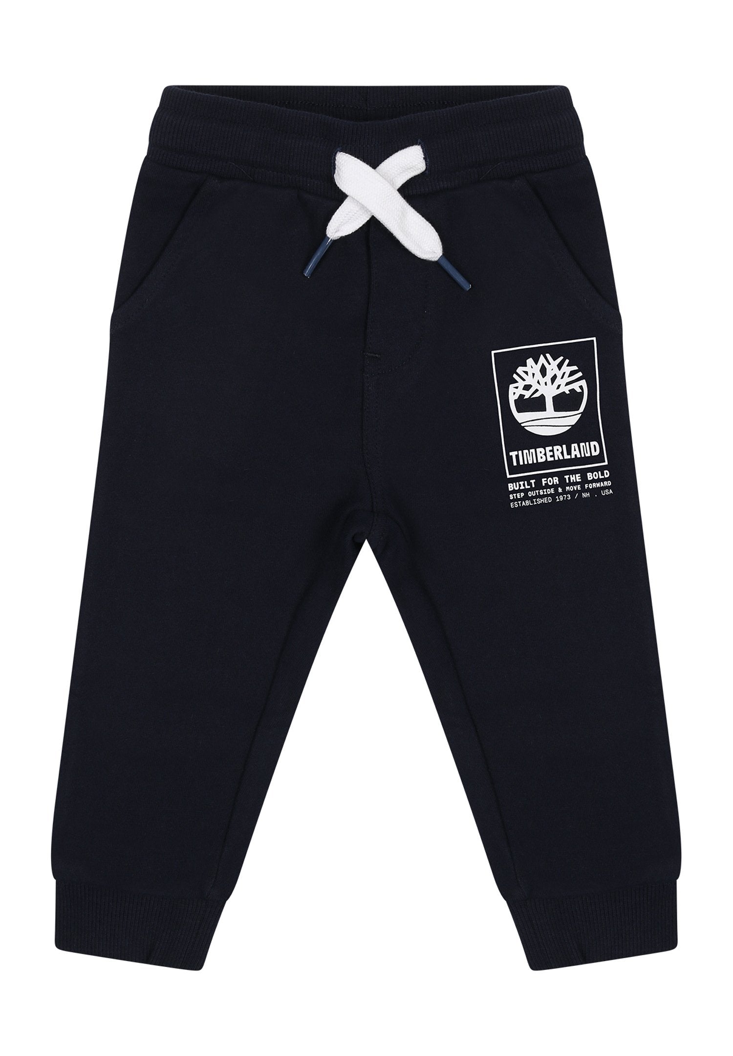 Marineblaue Sweatpants aus Baumwollmischung, mit einem elastischen Bund und weißen Kordeln, seitlichen Taschen und einem Baum-Logo als Grafik.