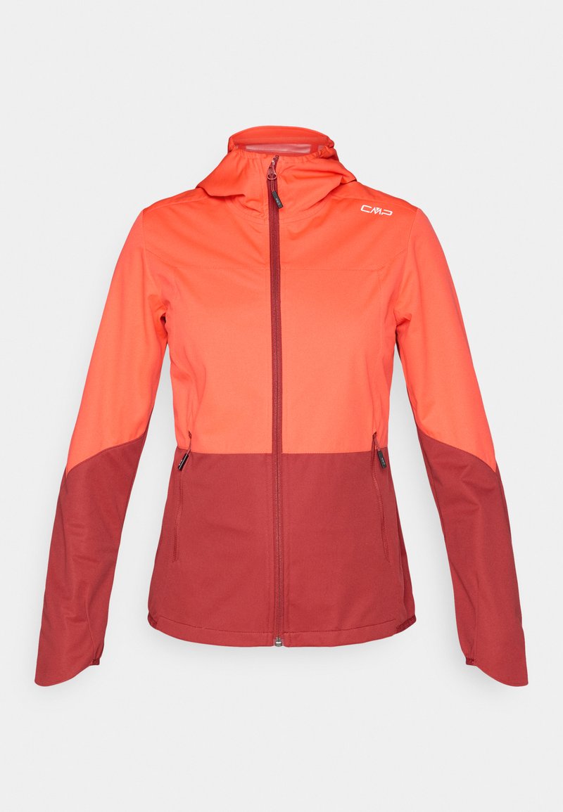 Leichte Damen-Outdoorjacke mit Frontreißverschluss, angenähter Kapuze und zwei seitlichen Reißverschlusstaschen in Orange- und Burgunderfarben.