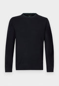 Gestrickter schwarzer Pullover mit rundem Ausschnitt, langen Ärmeln, gerippten Bündchen und Saum sowie einem dezenten strukturierten Finish.