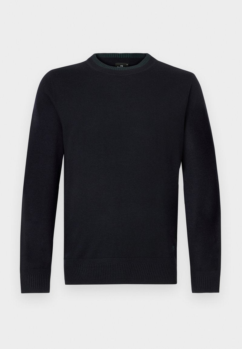 Gestrickter schwarzer Pullover mit rundem Ausschnitt, langen Ärmeln, gerippten Bündchen und Saum sowie einem dezenten strukturierten Finish.