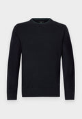 Gestrickter schwarzer Pullover mit rundem Ausschnitt, langen Ärmeln, gerippten Bündchen und Saum sowie einem dezenten strukturierten Finish.