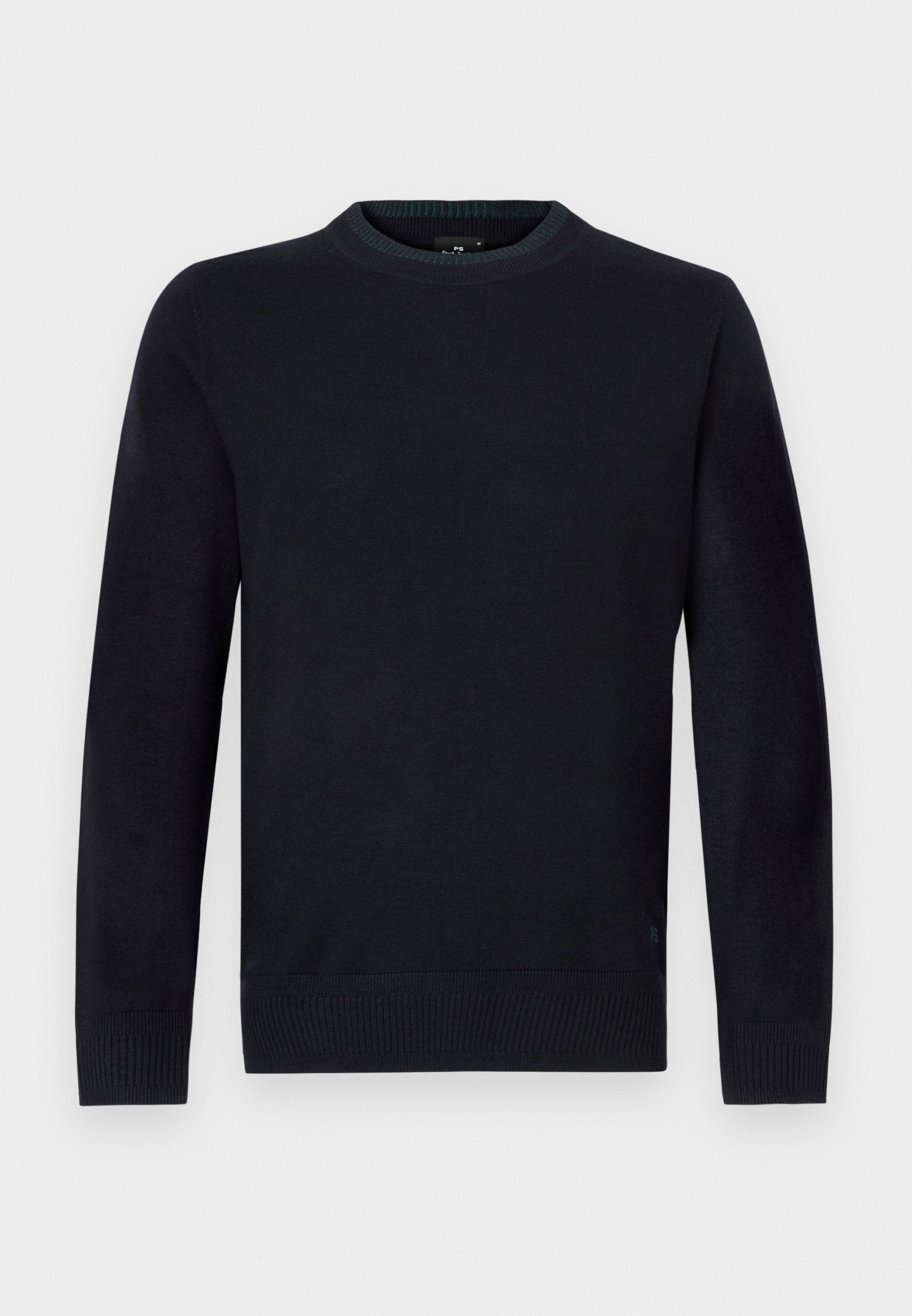 Gestrickter schwarzer Pullover mit rundem Ausschnitt, langen Ärmeln, gerippten Bündchen und Saum sowie einem dezenten strukturierten Finish.