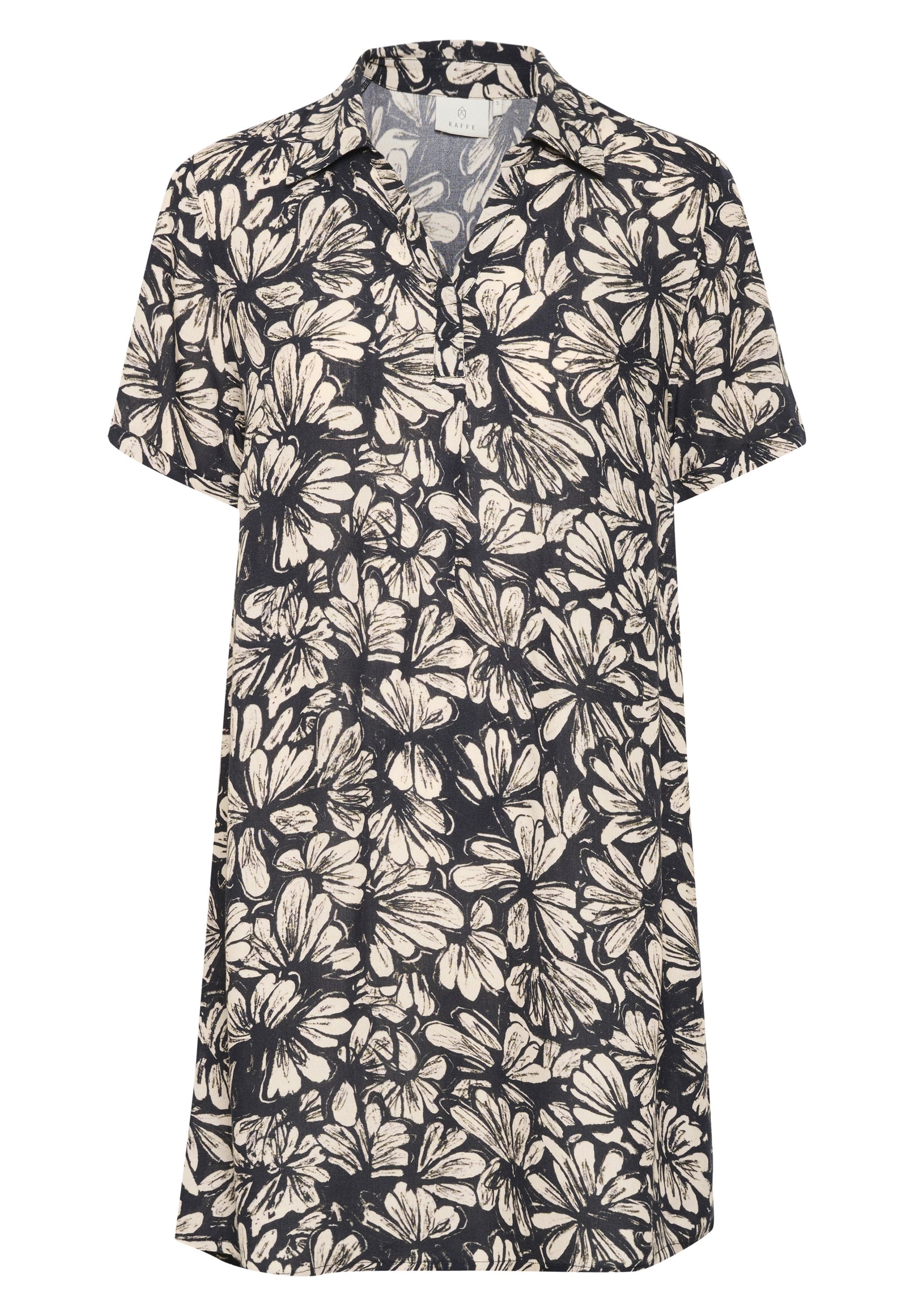 Kurzarmkleid aus dunkelblauem Stoff, mit einem cremefarbenen Blumenmuster, Kragen und einem geraden Schnitt mit lockerer Passform.