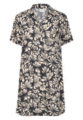 Kurzarmkleid aus dunkelblauem Stoff, mit einem cremefarbenen Blumenmuster, Kragen und einem geraden Schnitt mit lockerer Passform.