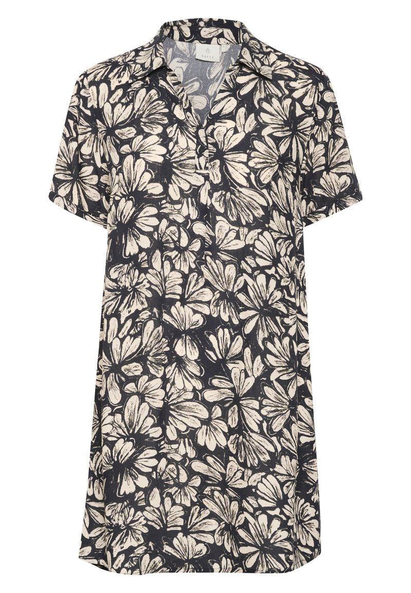 Kurzarmkleid aus dunkelblauem Stoff, mit einem cremefarbenen Blumenmuster, Kragen und einem geraden Schnitt mit lockerer Passform.