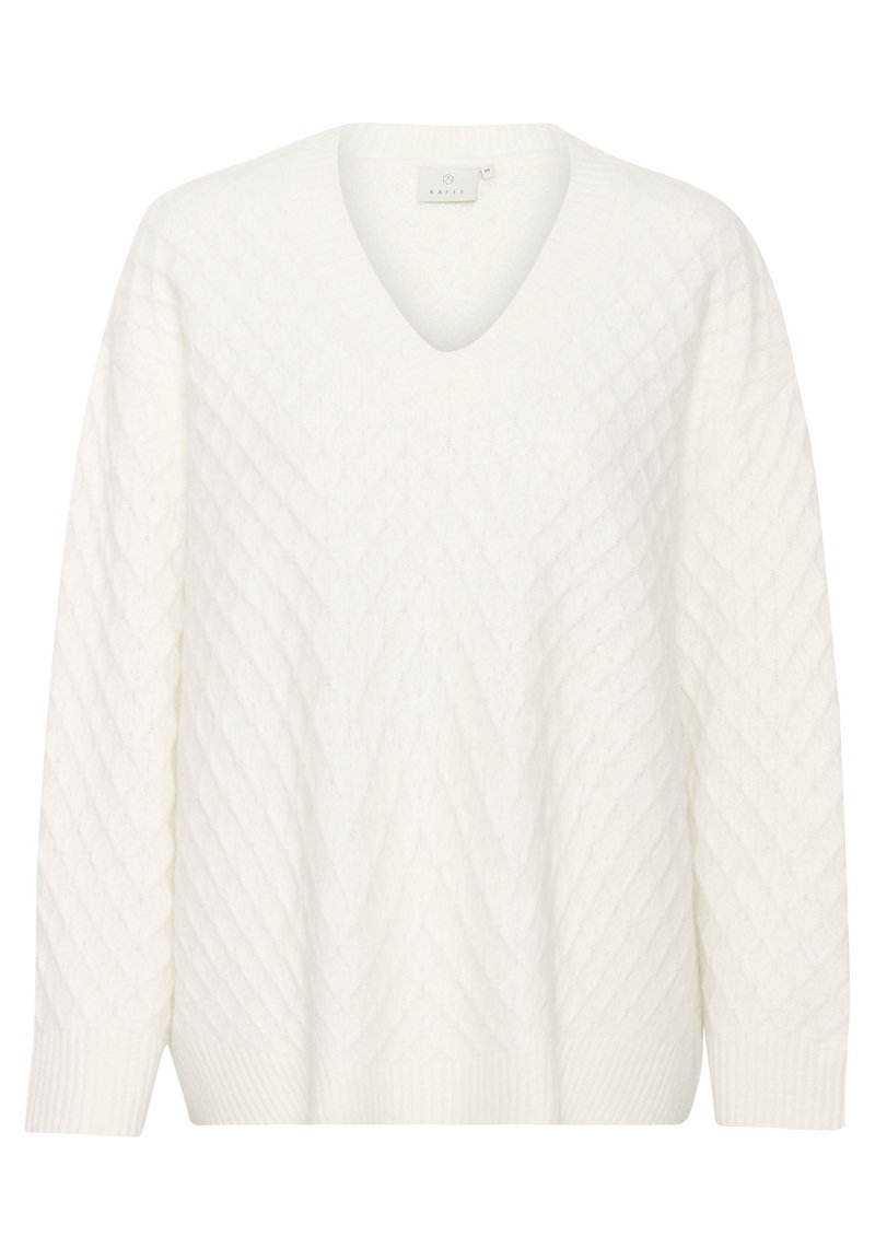 Weißer, gestrickter Pullover mit V-Ausschnitt, ausgestattet mit Zopfstrickmuster, langen Ärmeln sowie gerippten Bündchen und Saum. Weiche Textur.
