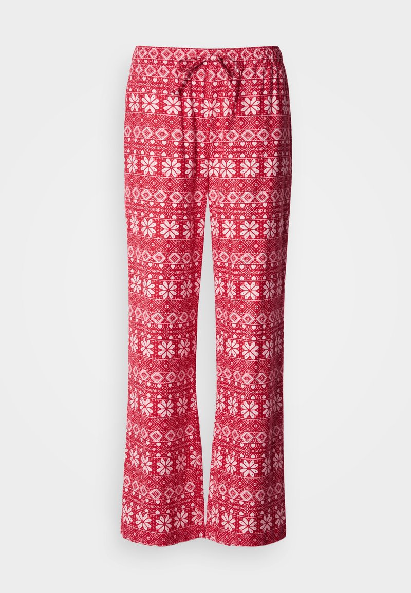 Rote Pyjamahose mit weißen Blumen- und geometrischen Mustern, elastischem Bund mit Kordelzug, weitem Bein, aus weichem Stoff gefertigt.