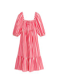 Rot-weiß gestreiftes Kleid mit kurzen Puffärmeln, quadratischem Ausschnitt und einem mehrlagigen Rüschensaum, aus einem leichten, strukturierten Stoff.