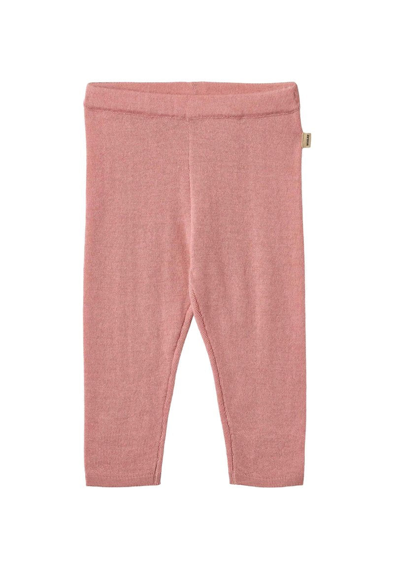 Rosa gestrickte Leggings mit einer weichen Textur, ausgestattet mit einem breiten Bund und schmal zulaufenden Beinen. Minimalistisches Design ohne sichtbare Muster oder Akzente.