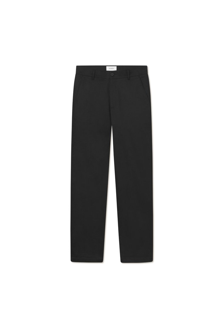 Schwarze Hose mit geradem Bein, aus einem glatten Stoff gefertigt, mit zwei Fronttaschen und einem Standardbund.