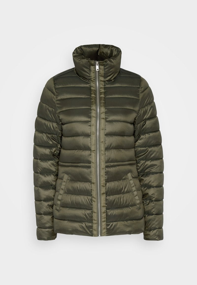 Olivgrüne Daunenjacke mit horizontalem Steppmuster, hohem Kragen, zentralem Reißverschluss und zwei vorderen Taschen. Glatte, glänzende Stoffstruktur.