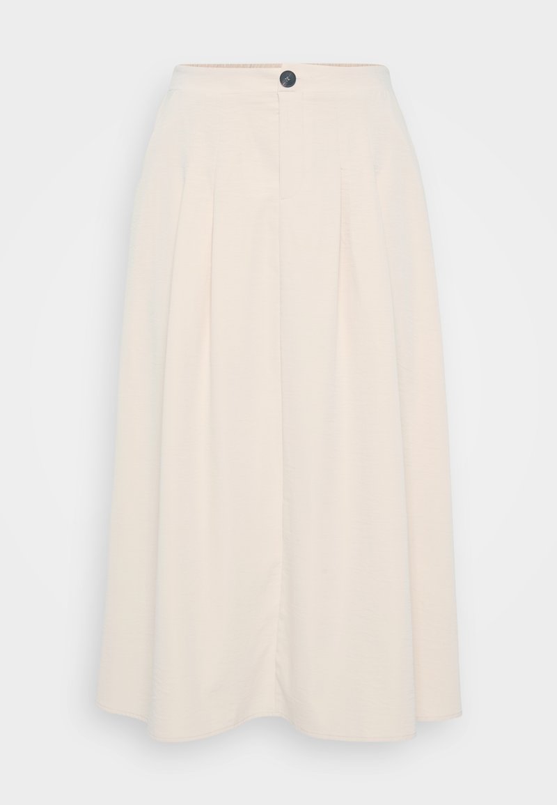 Faltender Midikleid in hellcremefarbener Farbe, mit glatter Textur, einem einzelnen schwarzen Knopfverschluss an der Taille und seitlichen Taschen.