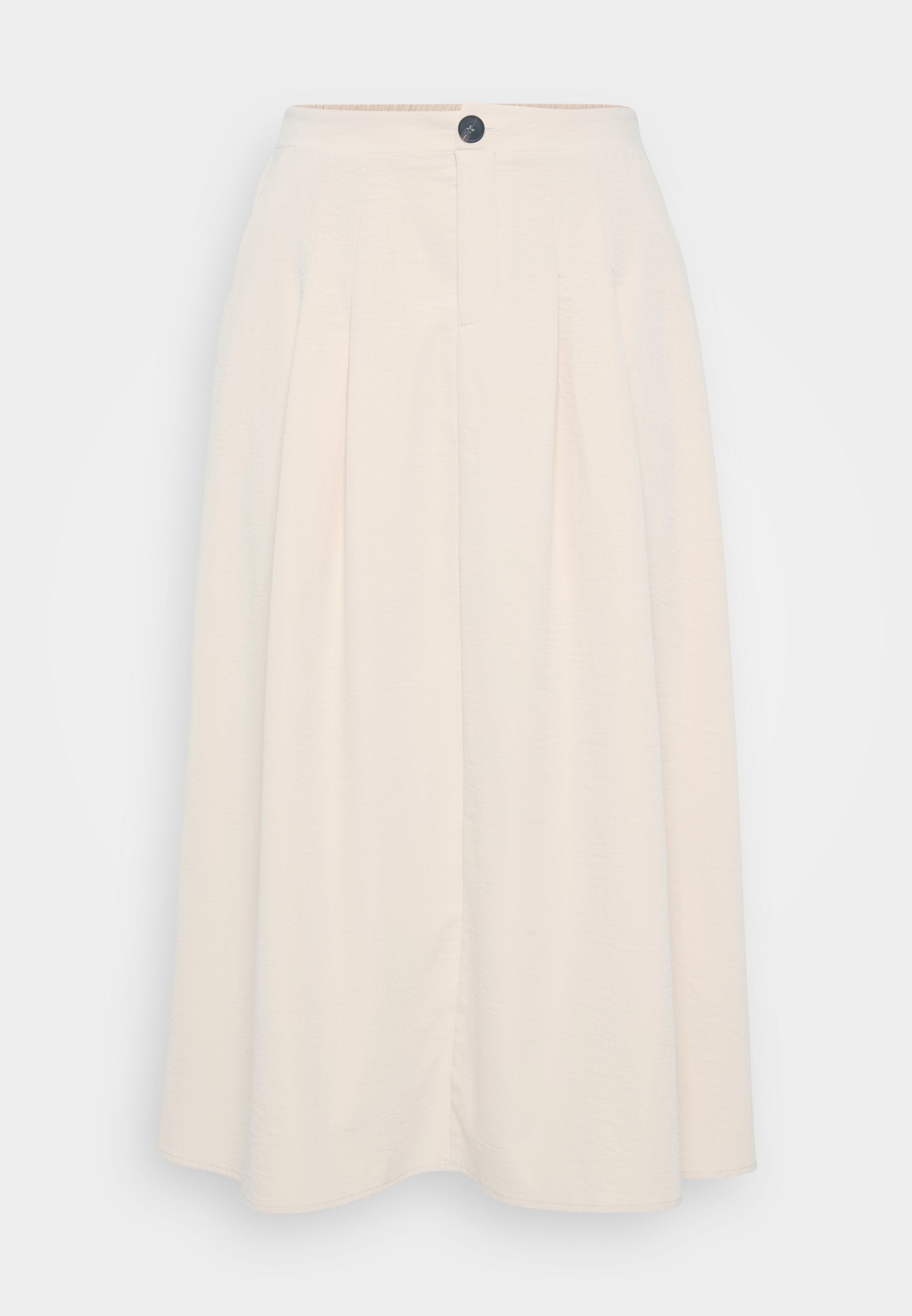 Faltender Midikleid in hellcremefarbener Farbe, mit glatter Textur, einem einzelnen schwarzen Knopfverschluss an der Taille und seitlichen Taschen.