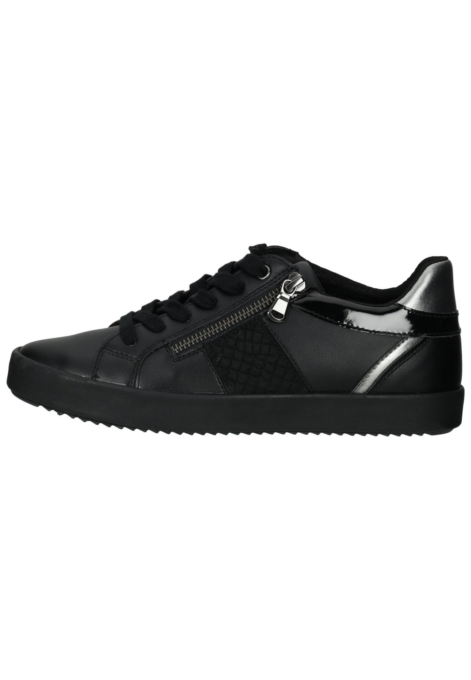 Schwarzer Sneaker mit einem Obermaterial aus glattem Leder, strukturiertem Seitenpanel, metallischem Reißverschlussdetail und Gummisohle mit Grip. Runde Zehenspitze.