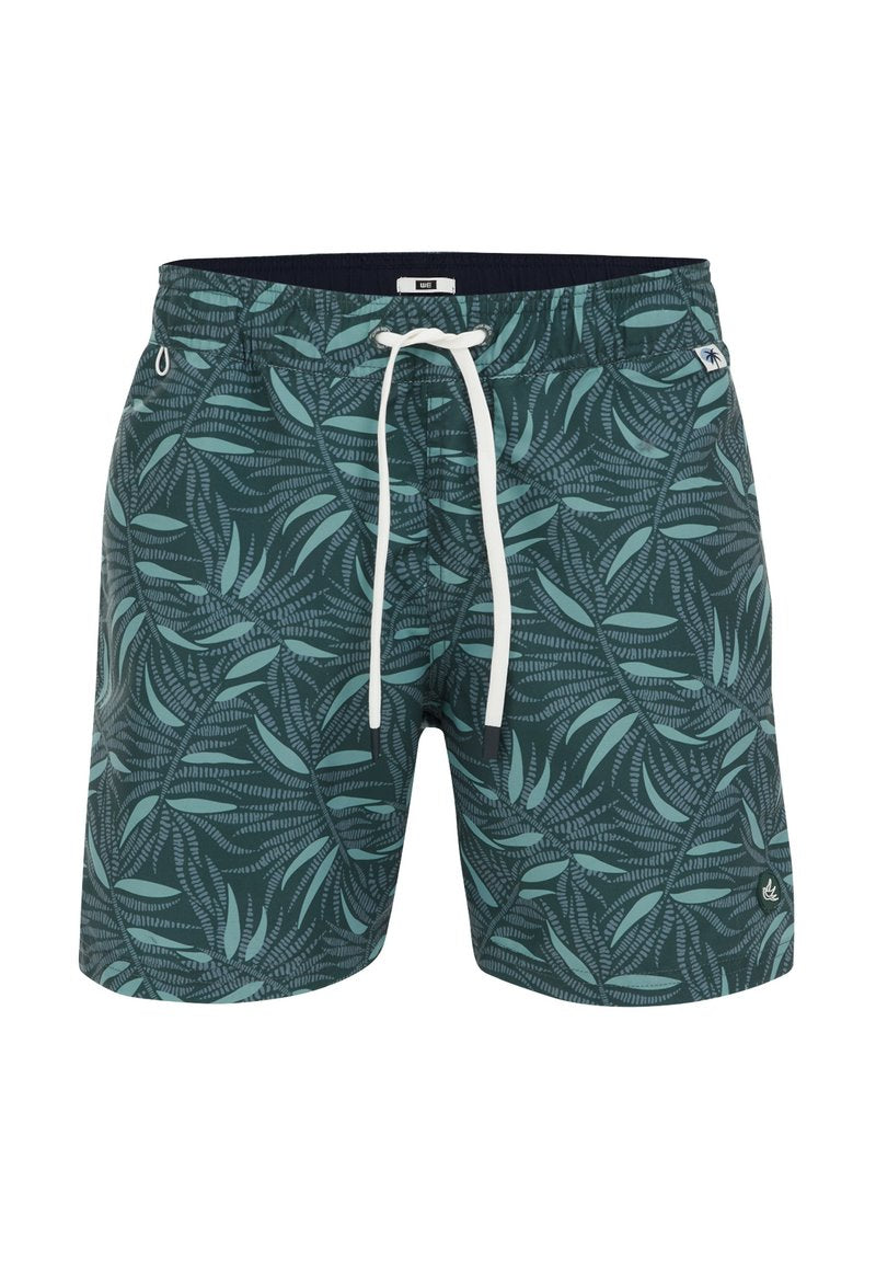 Herren Schwimmshorts in Dunkelgrün mit einem Blättermuster. Hergestellt aus leichtem Stoff, mit einem Kordelzugbund und seitlichen Taschen.