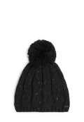 Schwarze Strickmütze mit einem großen Pompon oben, mit einem strukturierten Kabelmuster und bunten Spritzern im gesamten Stoff.
