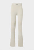 Beige Leggings mit hoher Taille, leicht ausgestelltem Beinabschluss und kleinem, rundem Logo in der Mitte des Taillenbands.