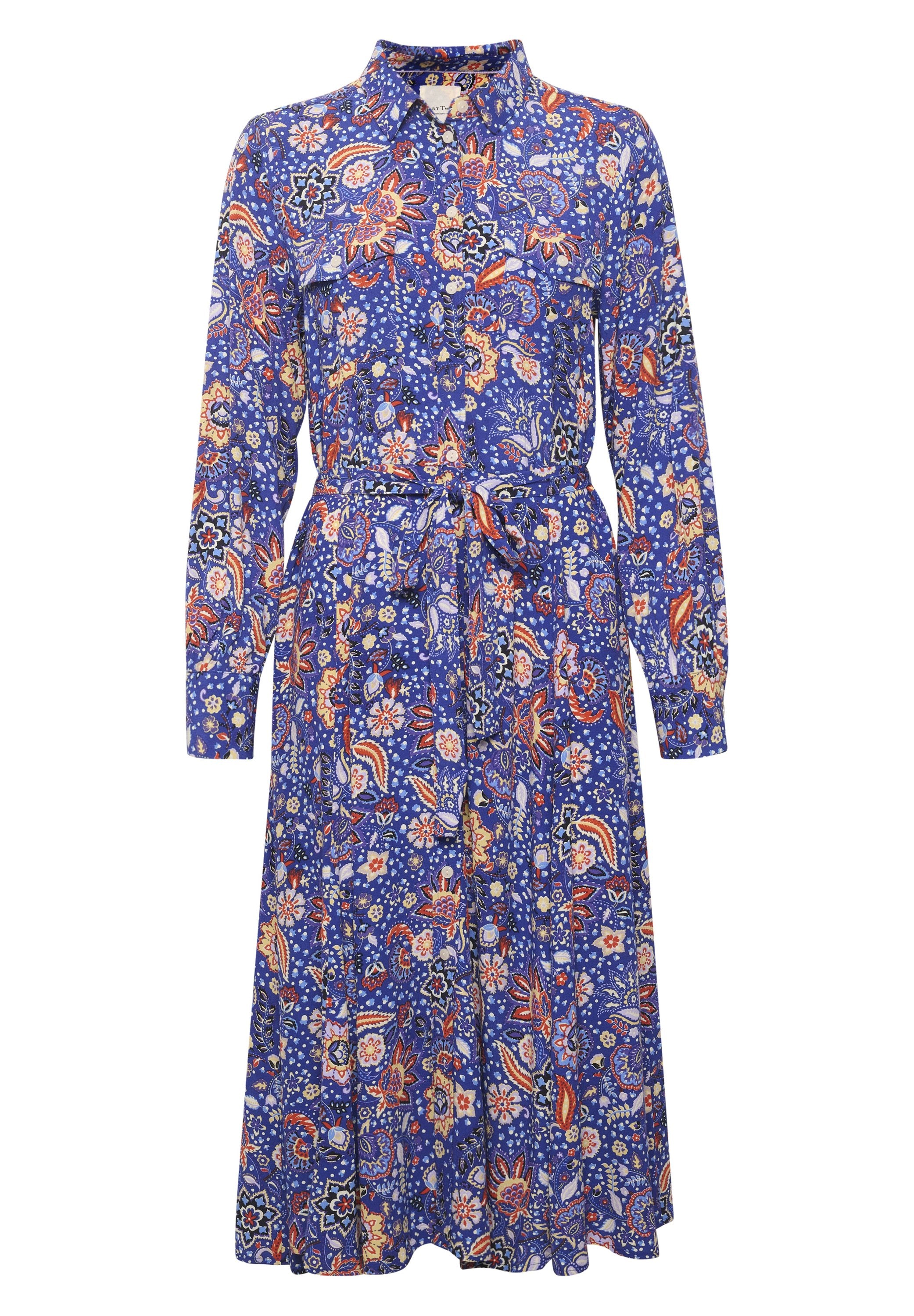 Langärmliges, knöpfbares Kleid in lebhaftem Blau mit bunten Blumen- und Paisleymustern. Enthält einen passenden Gürtel in der Taille.