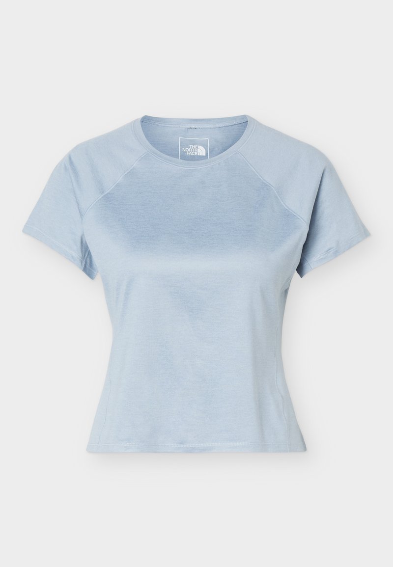 Hellblaues, kurzärmeliges, enganliegendes T-Shirt mit Rundhalsausschnitt von The North Face mit Raglanähten und subtiler Stoffstruktur.